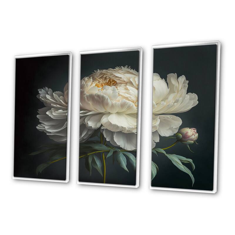 Designart "Blooming White Peony V" Floral Peony Framed Canvas Wall Art